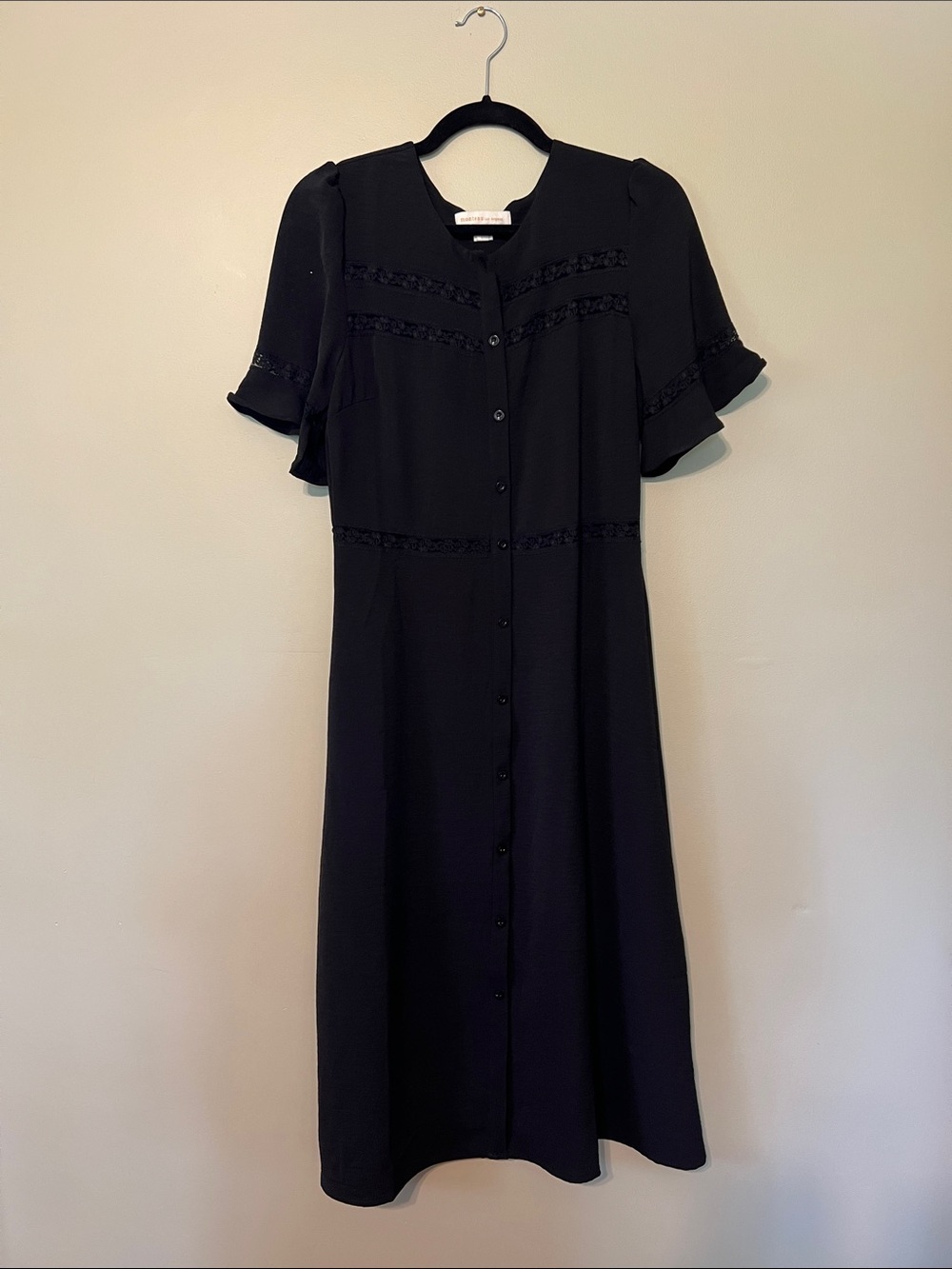 Black Midi Dress with Button Front and Lace Trim